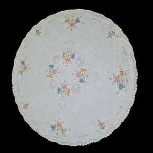 66" Round Stitched Embroidered White Cloth Table Cover Pink Blue Yellow Flowers